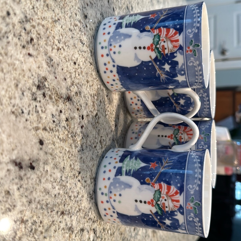 Noritake Epoch Mr Snowman Blue Mugs Cups Set Of 4 Porcelain Christmas mugs